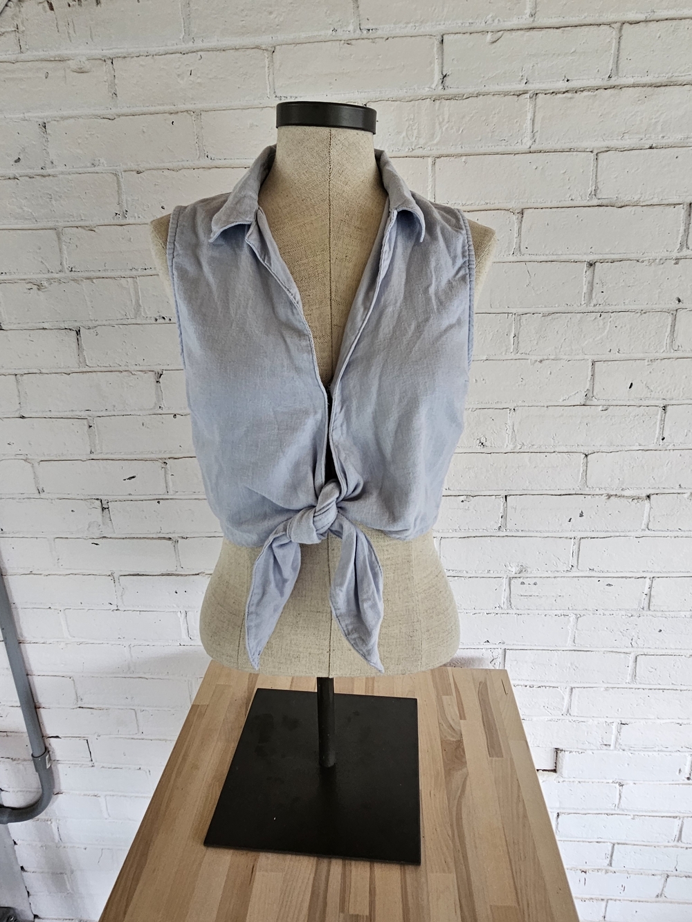 Abercrombie & Fitch Linen / Viscose Light Blue Tie-Front Sleeveless Crop Top